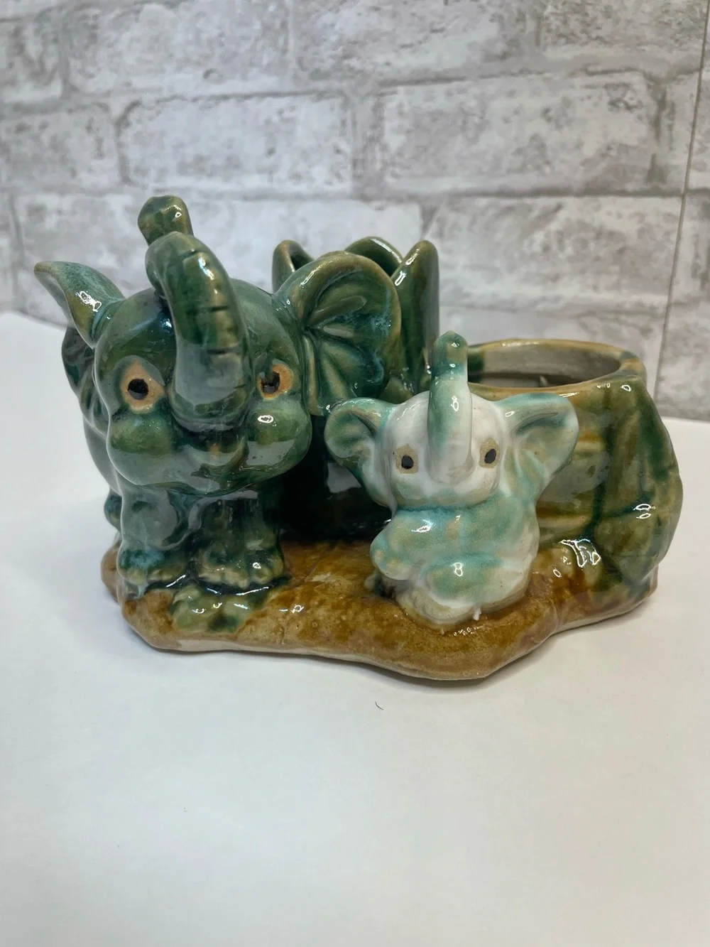 Vintage Majolica Lucky Elephant Double Planter Trunks Up Ceramic Rare HTF 6”